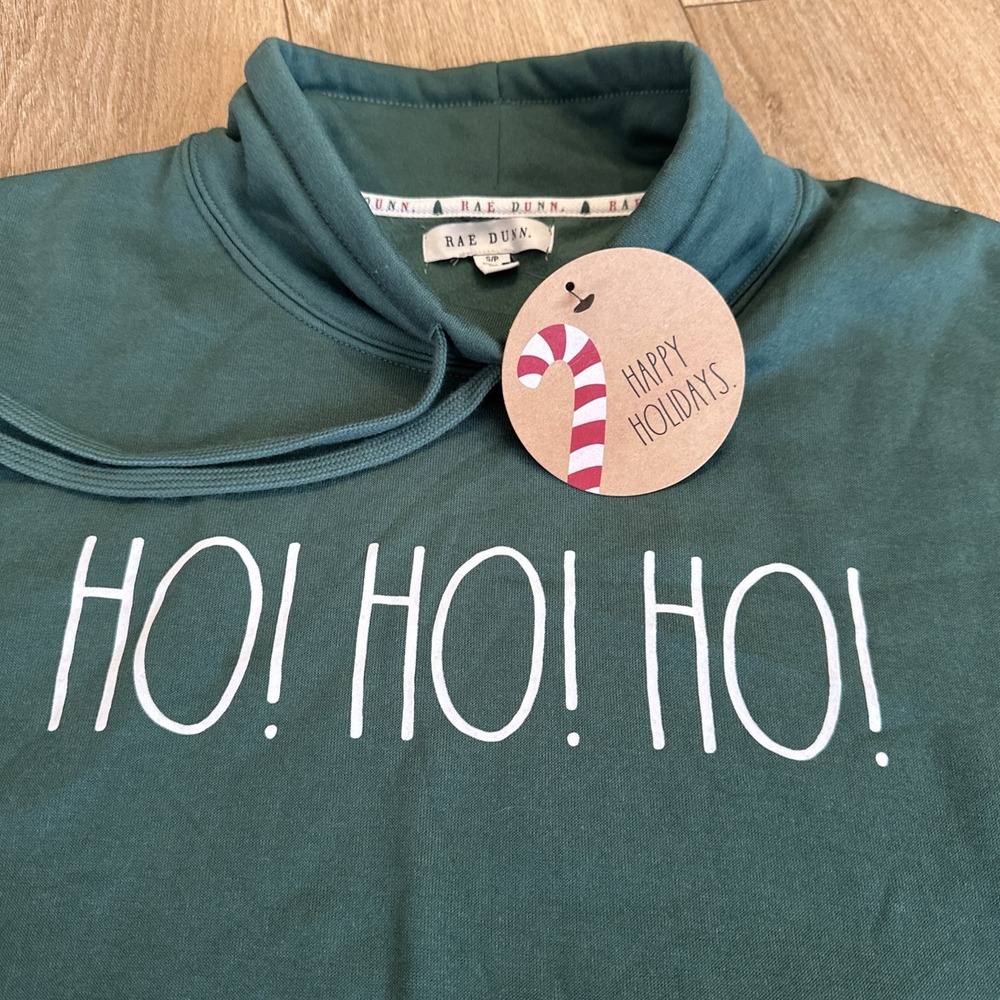 RAE DUNN Women's Mock Neck Long Sleeve Holiday Sweatshirt Green 'HO HO HO' Small